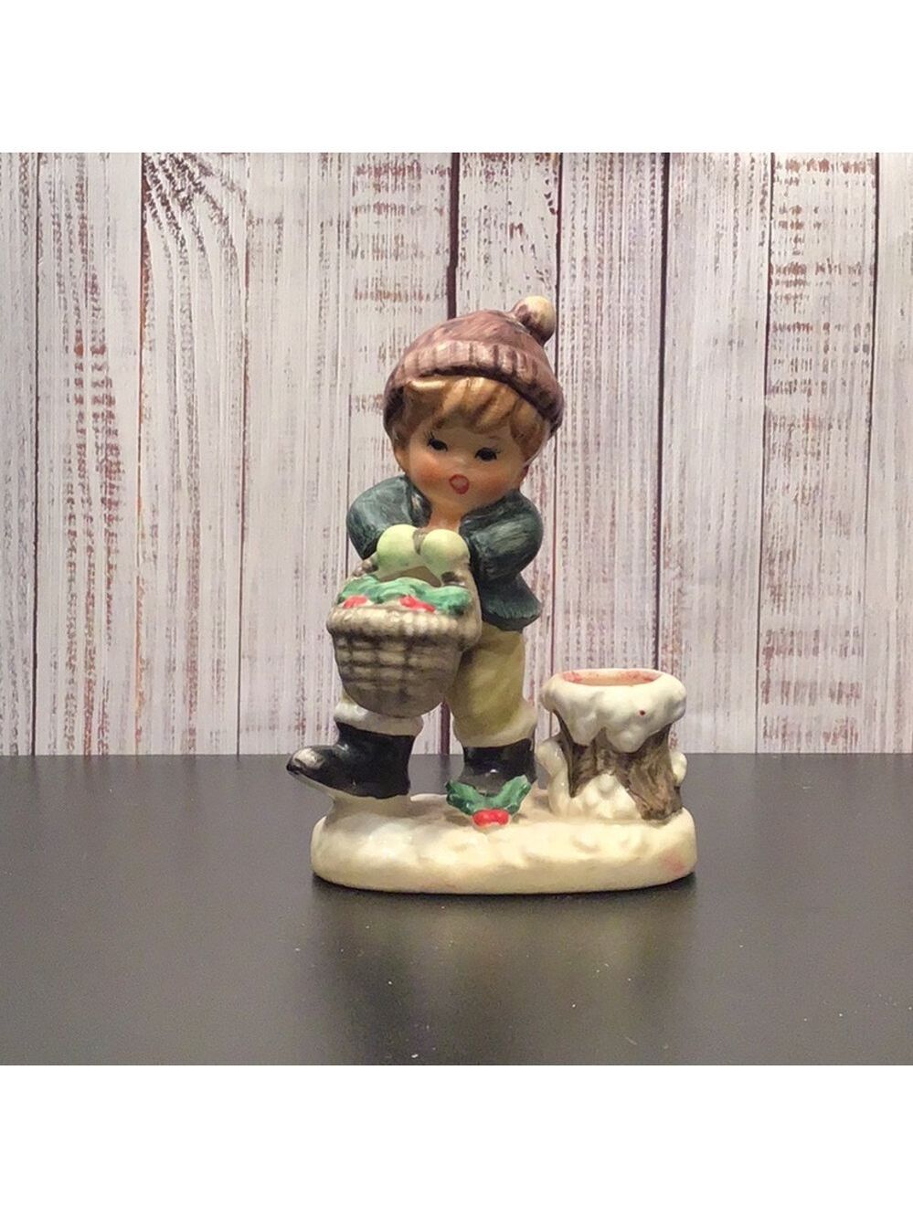 VTG Christmas boy carrying basket candle holder